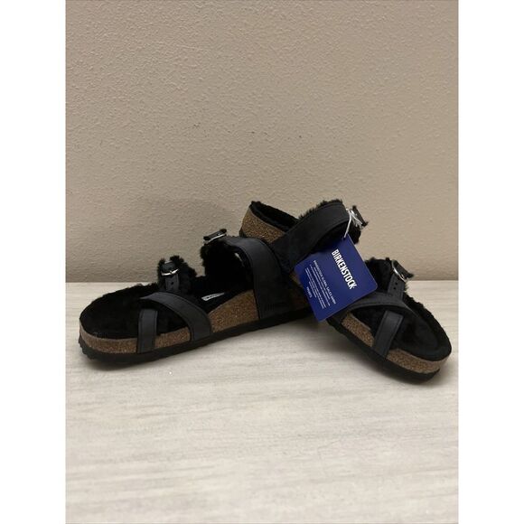 Birkenstock Mayari Shearling Sandals Womens 38 / US 7 Black Buckle Straps - Picture 2 of 12